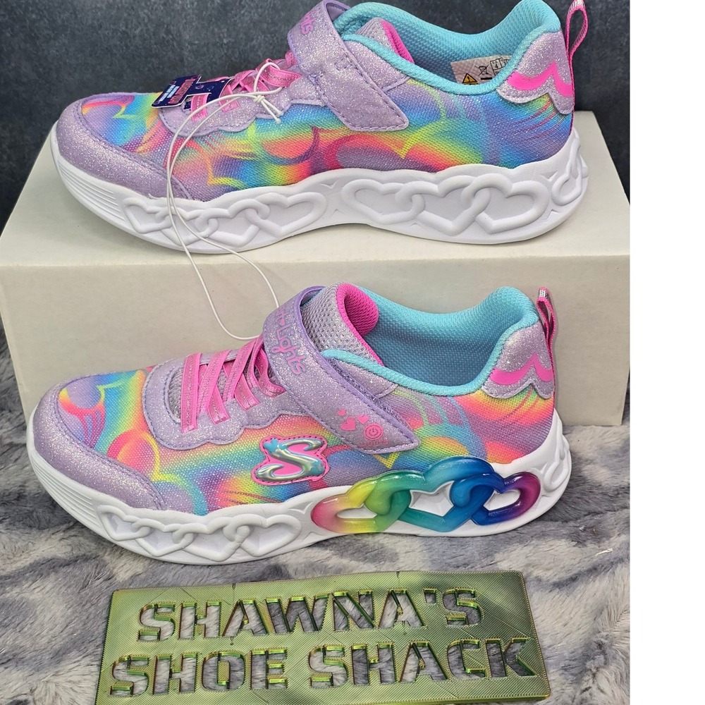NWT Skechers Heart Lights Rainbow Lux Lavender Multi Light Up Kids Size 4
